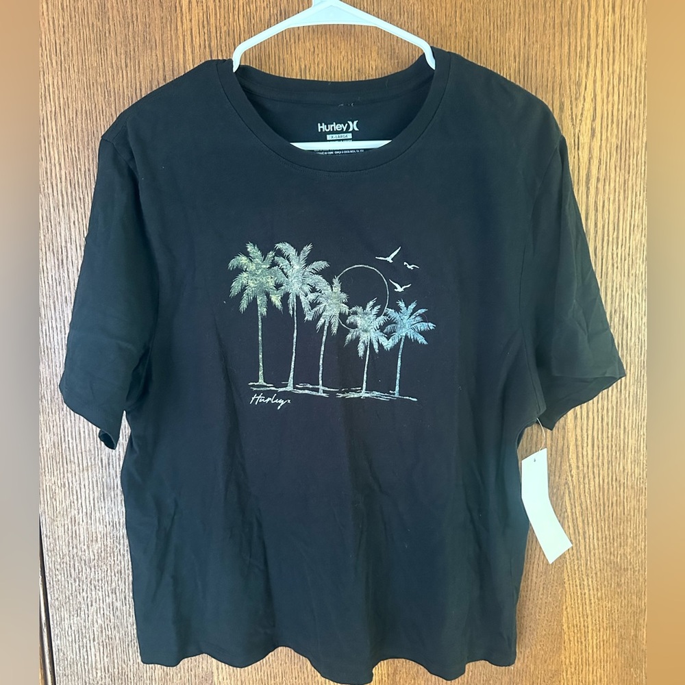 NWT Hurley Black Cropped T-shirt with Palm Trees Size XL